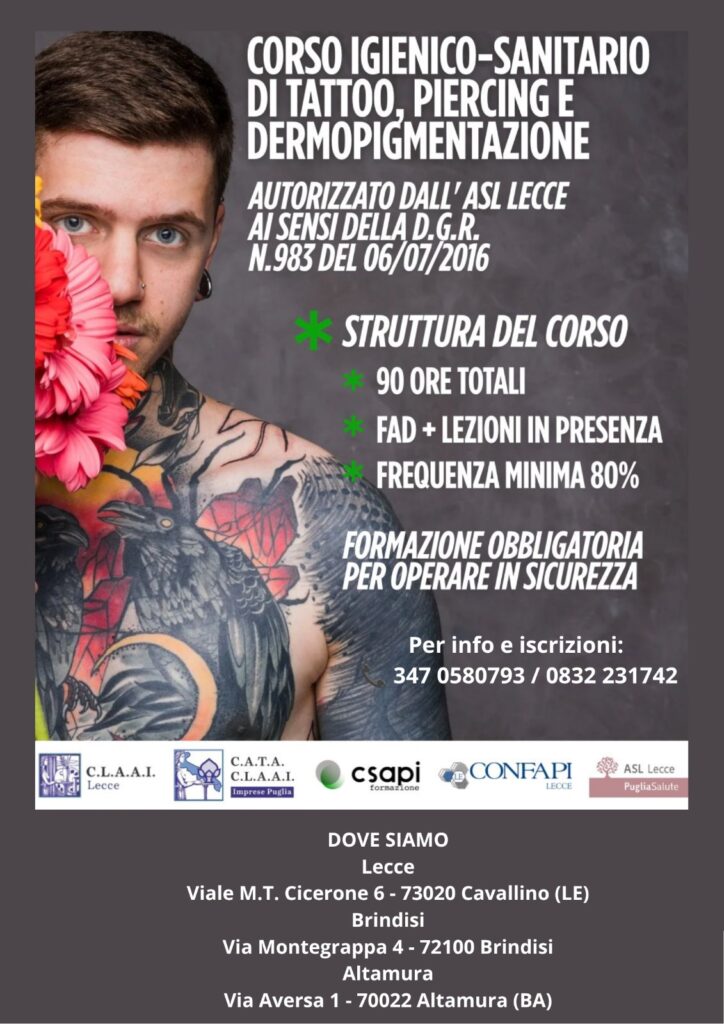 Locandina del corso igienico-sanitario di tatuaggio, piercing e dermopigmentazione autorizzato dall'ASL Lecce: 90 ore, FAD e lezioni in presenza – CSAPI Formazione