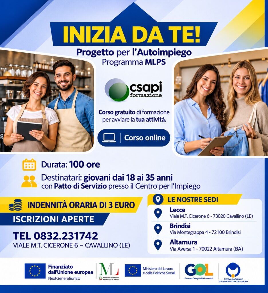Locandina del corso gratuito online «Inizia da te!» per l'autoimpiego: 100 ore, giovani dai 18 ai 35 anni con Patto di Servizio, indennità oraria di 3 euro